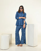 THE DARK DENIM EMBELLISHED PEPLUM FLAP SHIRT WITH HIGH SLIT CUT PANTS