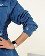 THE DARK DENIM EMBELLISHED PEPLUM FLAP SHIRT WITH HIGH SLIT CUT PANTS