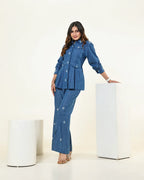 THE DARK DENIM EMBELLISHED PEPLUM FLAP SHIRT WITH HIGH SLIT CUT PANTS