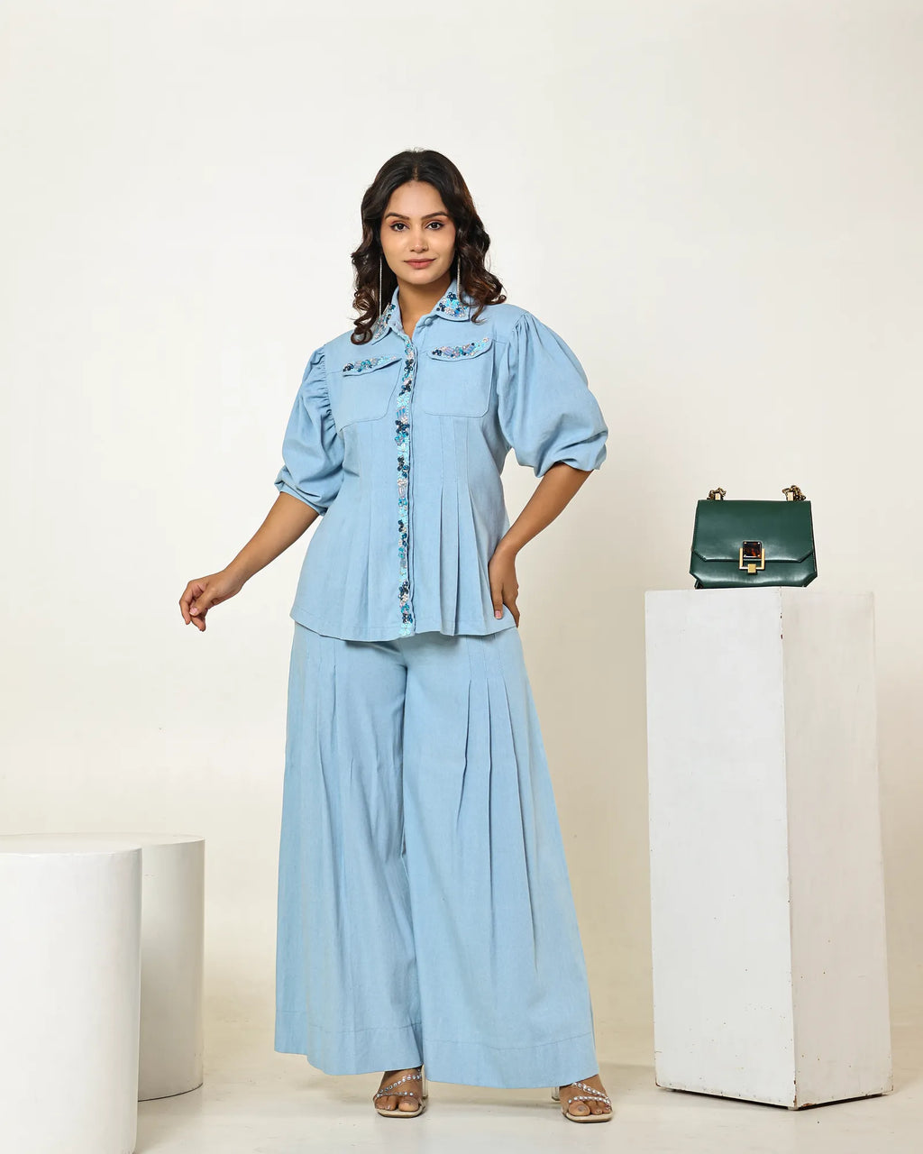 THE LIGHT DENIM WAIST PLEATED EMBELLISHED SHIRT WITH PLEATED HIGH WAISTED PANTS