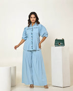 THE LIGHT DENIM WAIST PLEATED EMBELLISHED SHIRT WITH PLEATED HIGH WAISTED PANTS