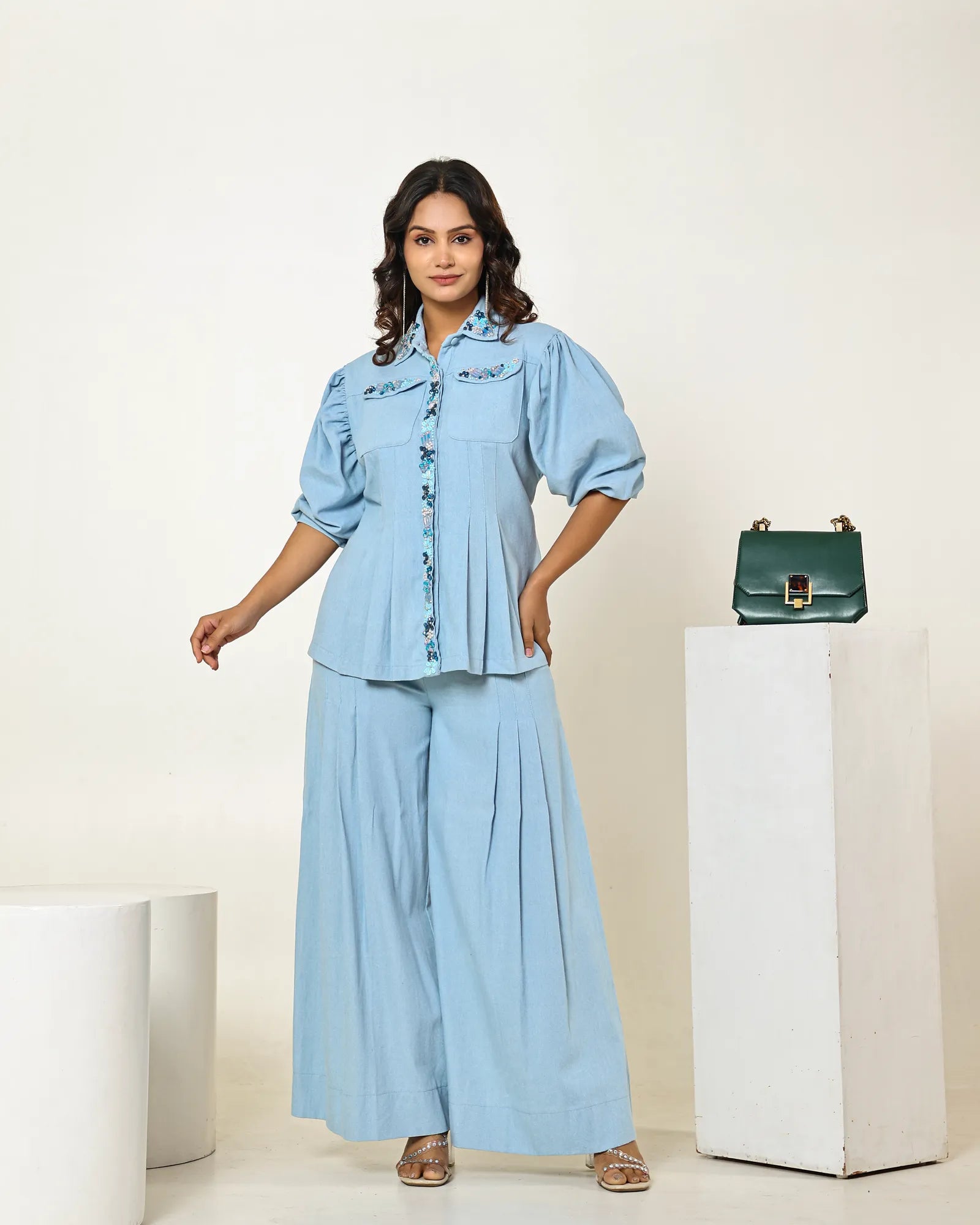 THE LIGHT DENIM WAIST PLEATED EMBELLISHED SHIRT WITH PLEATED HIGH WAISTED PANTS