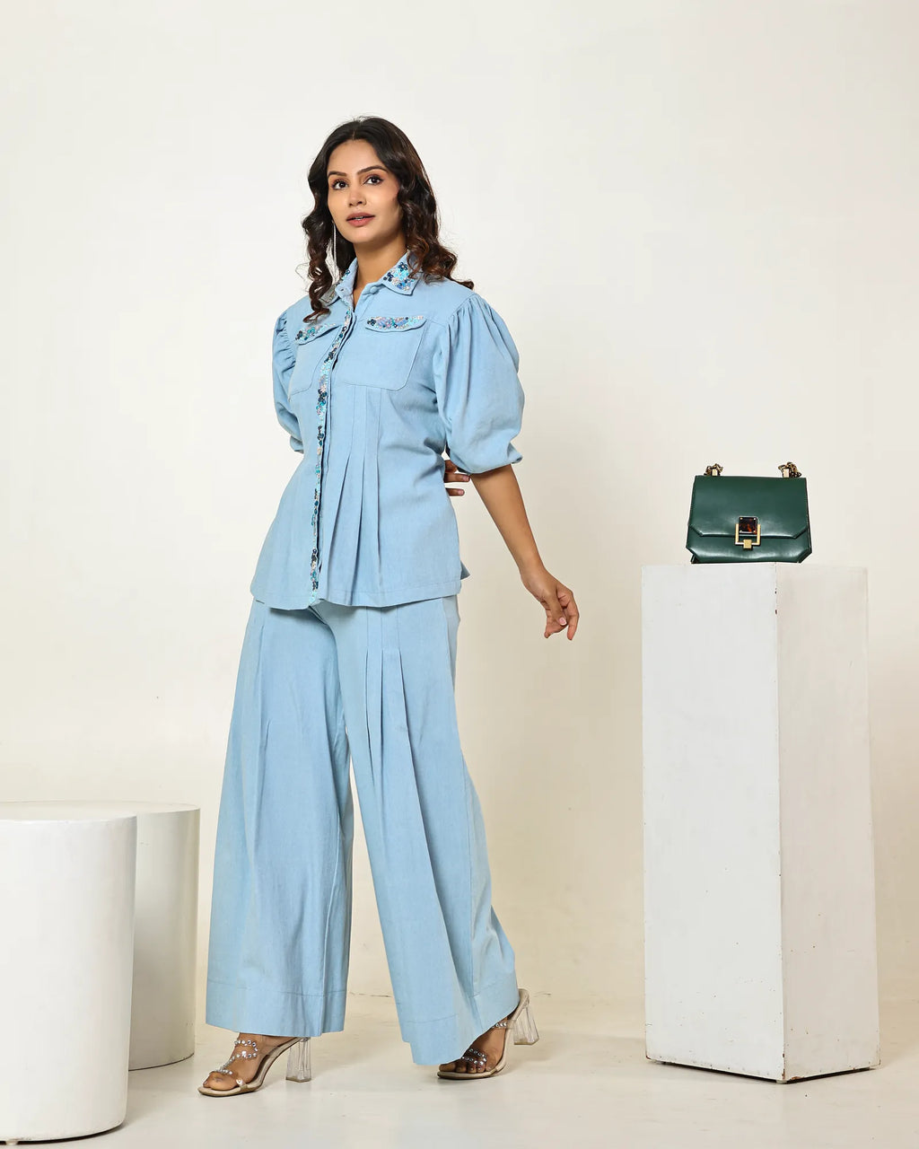 THE LIGHT DENIM WAIST PLEATED EMBELLISHED SHIRT WITH PLEATED HIGH WAISTED PANTS