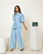 THE LIGHT DENIM WAIST PLEATED EMBELLISHED SHIRT WITH PLEATED HIGH WAISTED PANTS