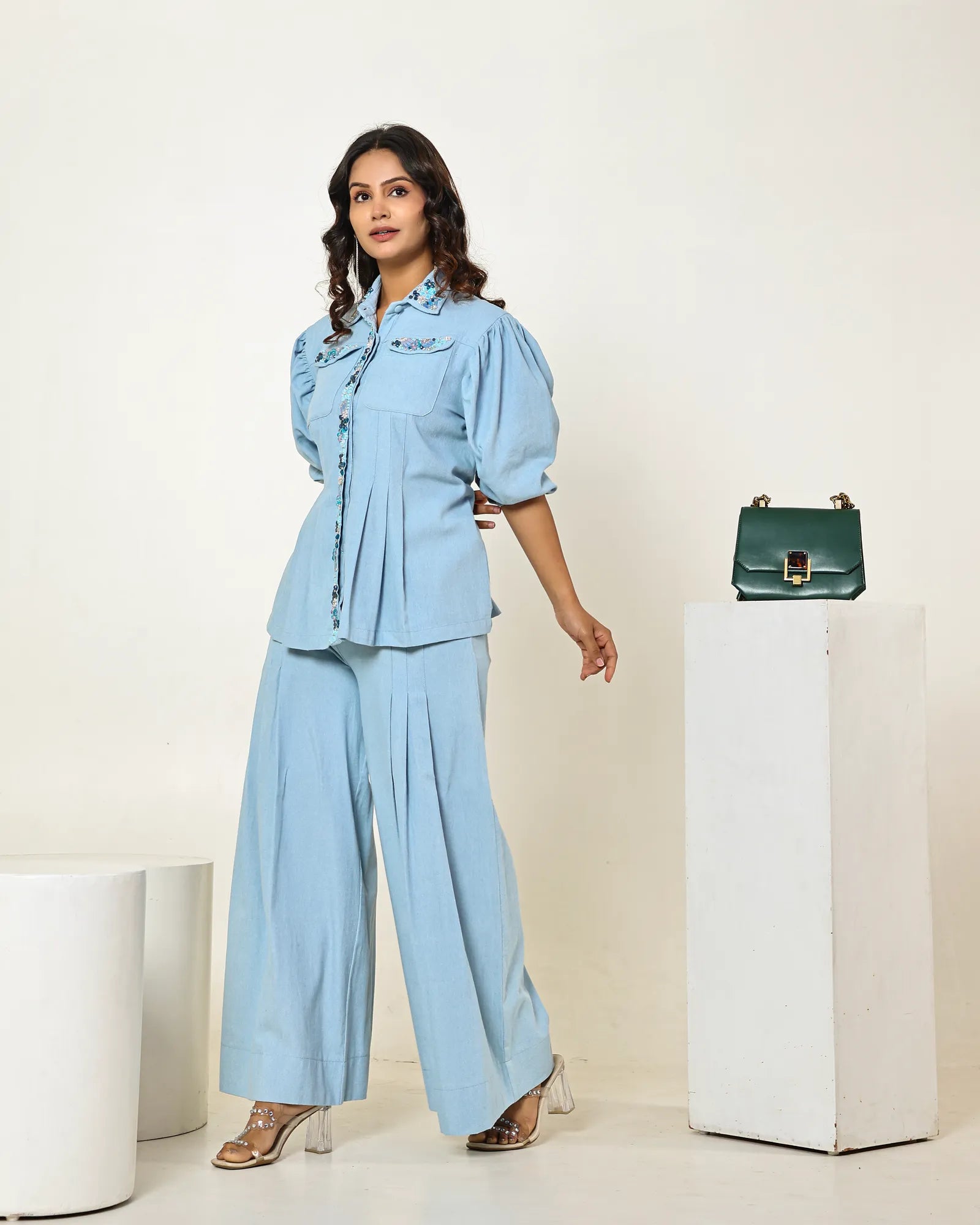 THE LIGHT DENIM WAIST PLEATED EMBELLISHED SHIRT WITH PLEATED HIGH WAISTED PANTS