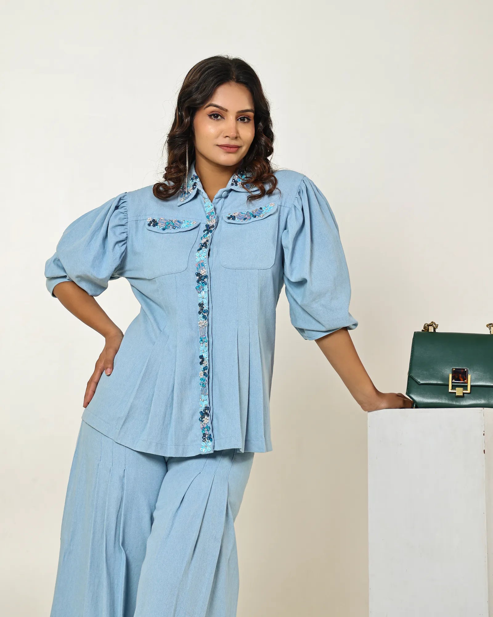 THE LIGHT DENIM WAIST PLEATED EMBELLISHED SHIRT WITH PLEATED HIGH WAISTED PANTS