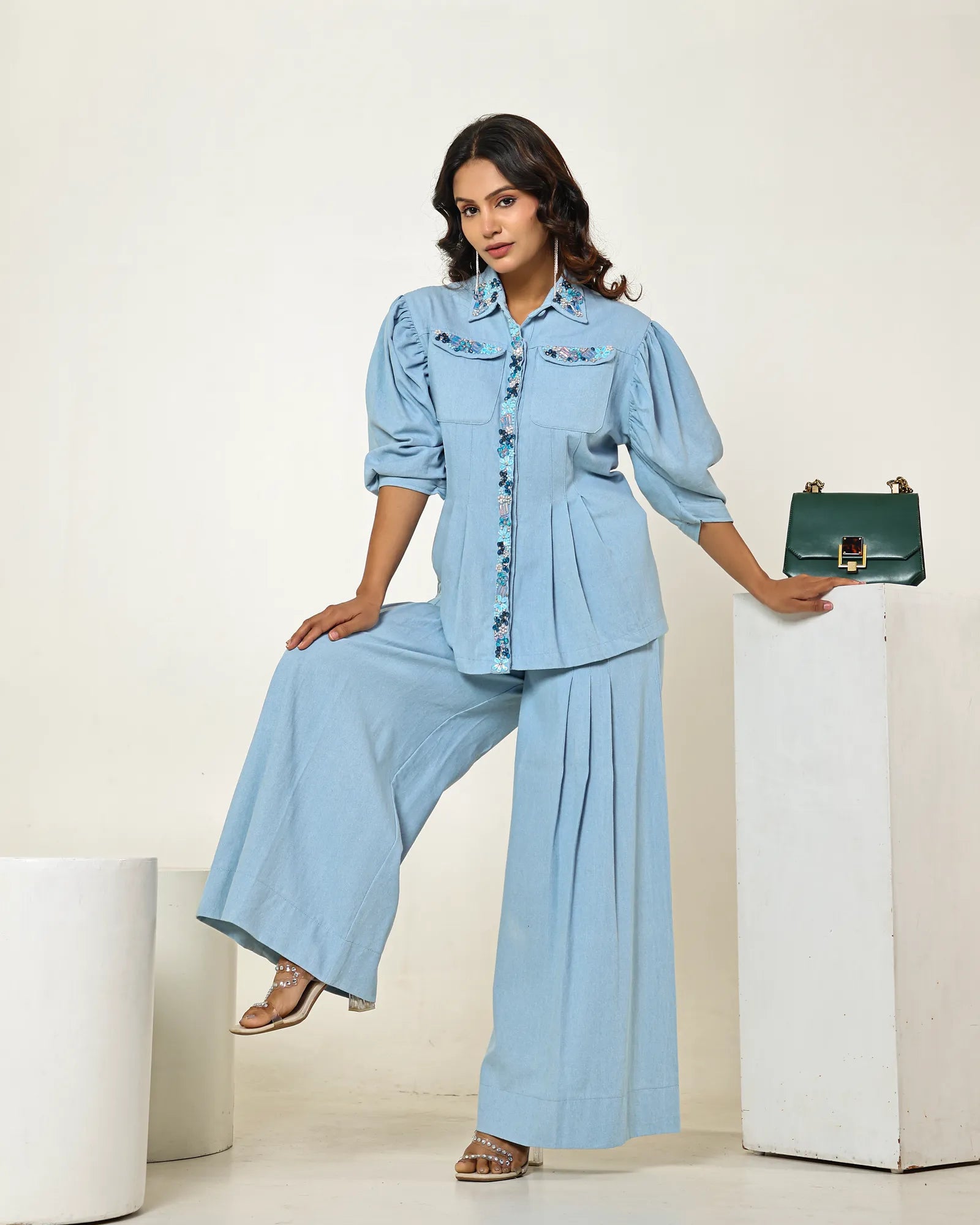 THE LIGHT DENIM WAIST PLEATED EMBELLISHED SHIRT WITH PLEATED HIGH WAISTED PANTS