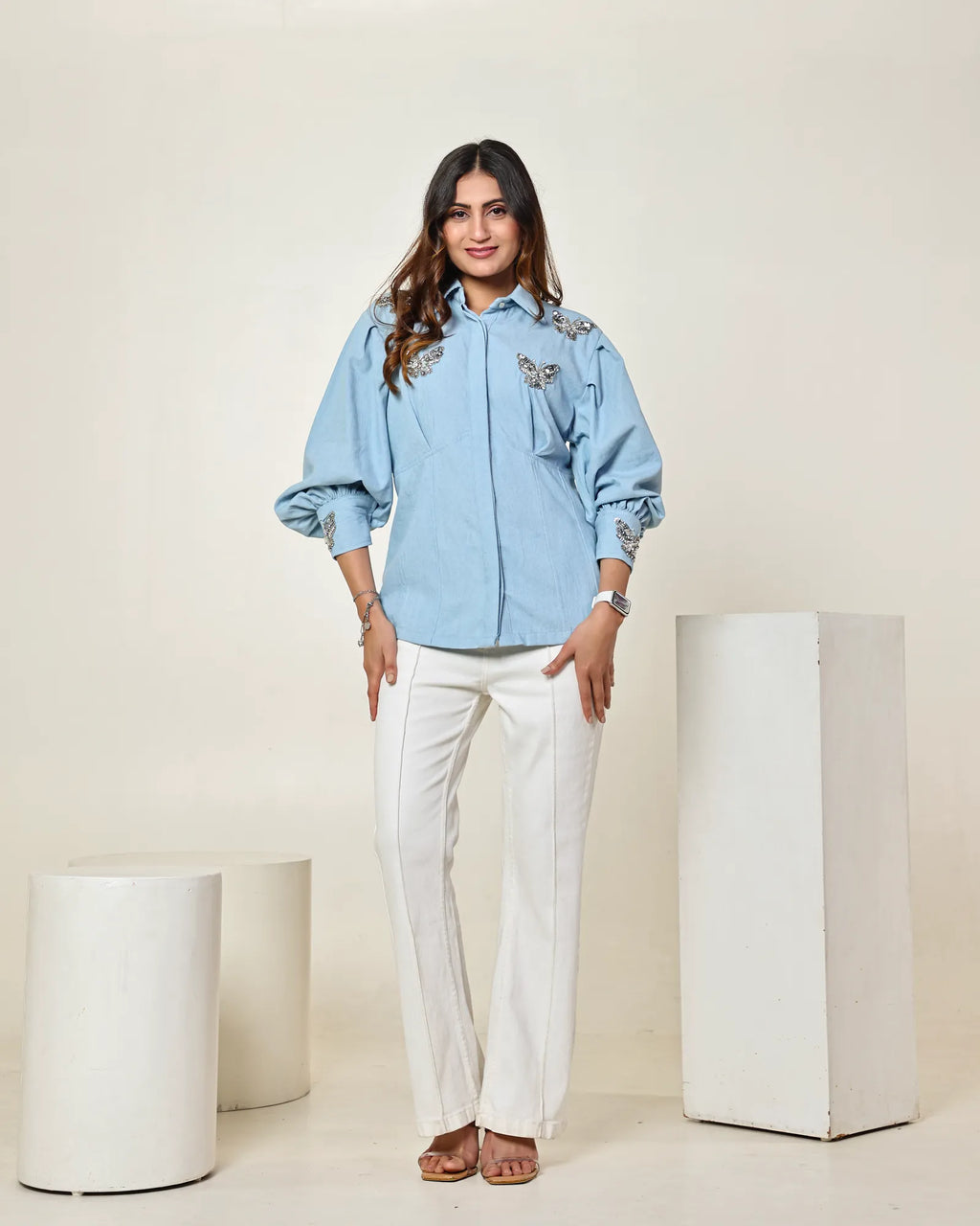 THE LIGHT DENIM BUTTERFLY EMBELLISHED CORSET SHIRT WITH BALLOON SLEEVES
