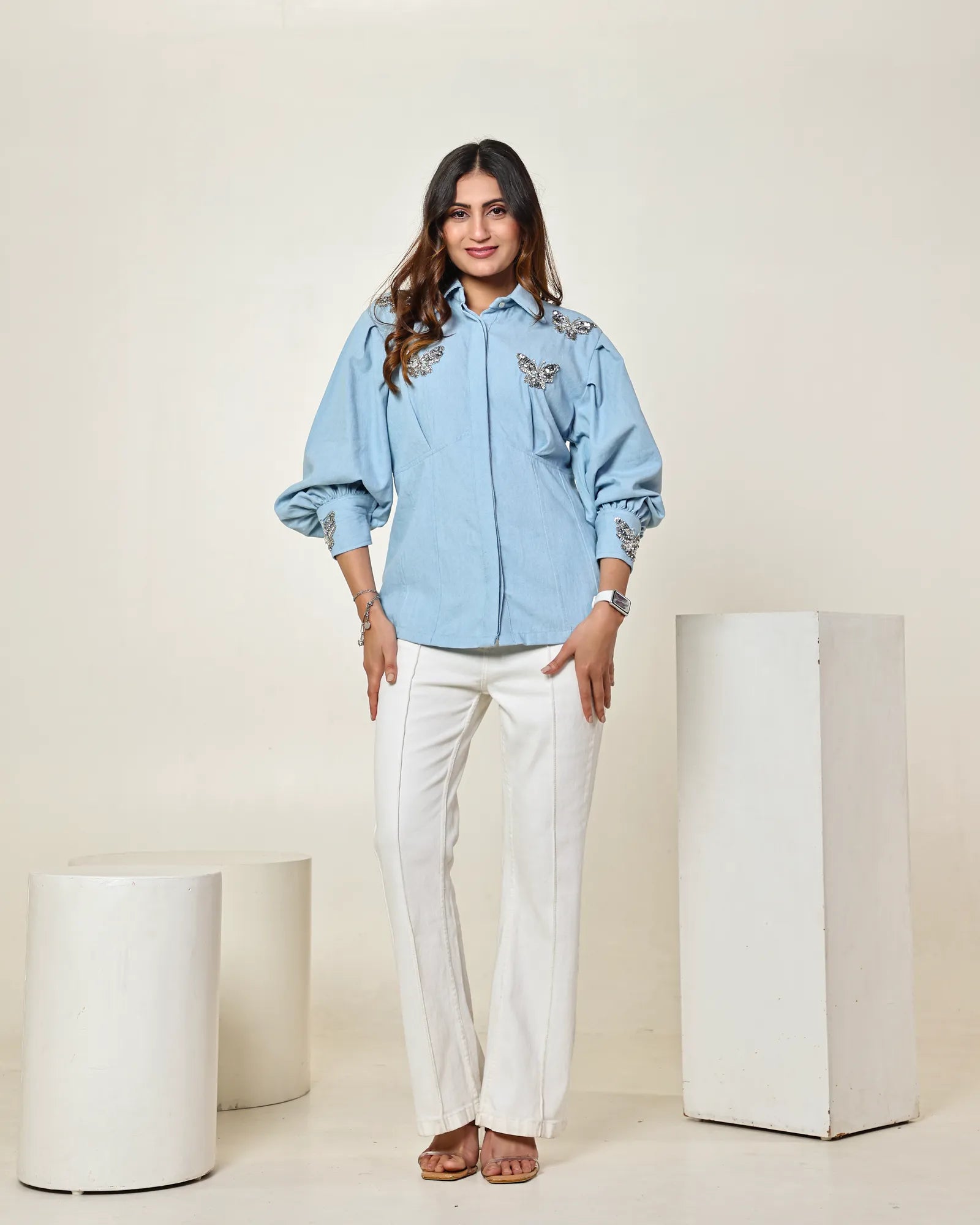 THE LIGHT DENIM BUTTERFLY EMBELLISHED CORSET SHIRT WITH BALLOON SLEEVES
