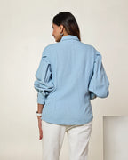 THE LIGHT DENIM BUTTERFLY EMBELLISHED CORSET SHIRT WITH BALLOON SLEEVES
