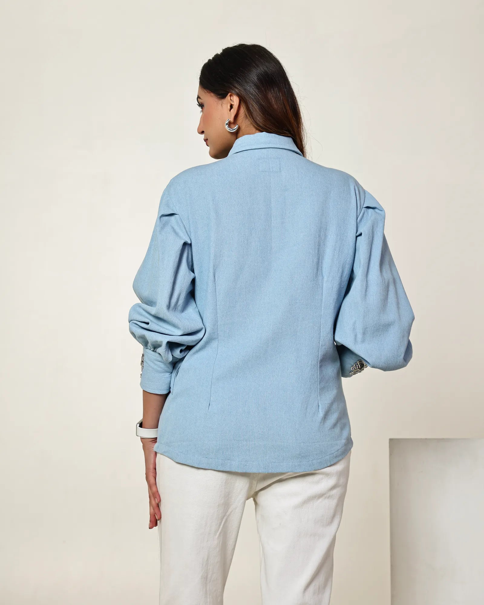 THE LIGHT DENIM BUTTERFLY EMBELLISHED CORSET SHIRT WITH BALLOON SLEEVES