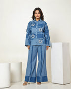 THE DARK DENIM CHECK SEAM SHIRT WITH 3D STONE EMBELLISHED CIRCLES AND HIGH WAISTED PANTS