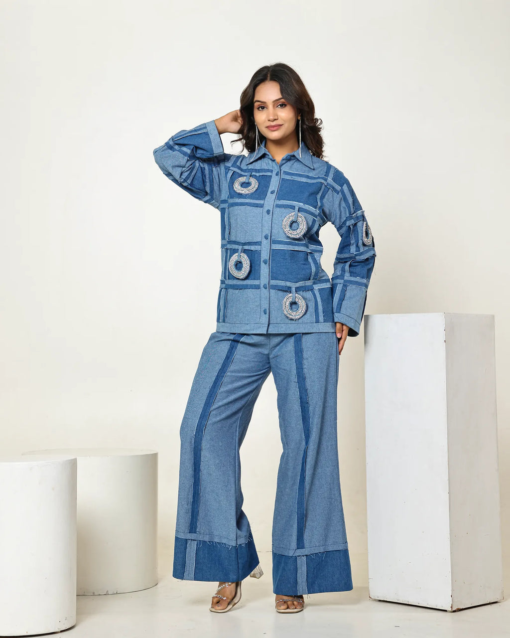 THE DARK DENIM CHECK SEAM SHIRT WITH 3D STONE EMBELLISHED CIRCLES AND HIGH WAISTED PANTS