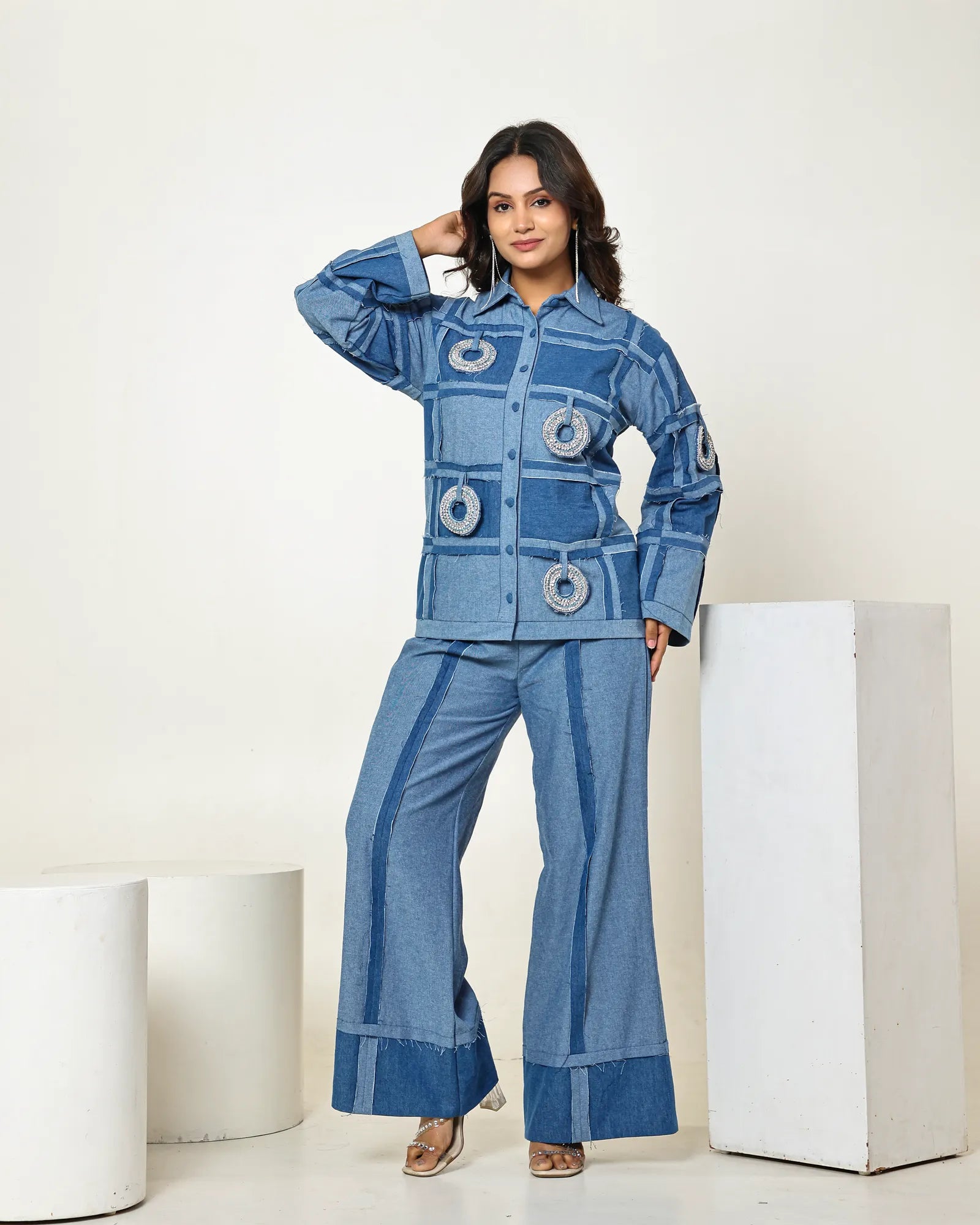 THE DARK DENIM CHECK SEAM SHIRT WITH 3D STONE EMBELLISHED CIRCLES AND HIGH WAISTED PANTS