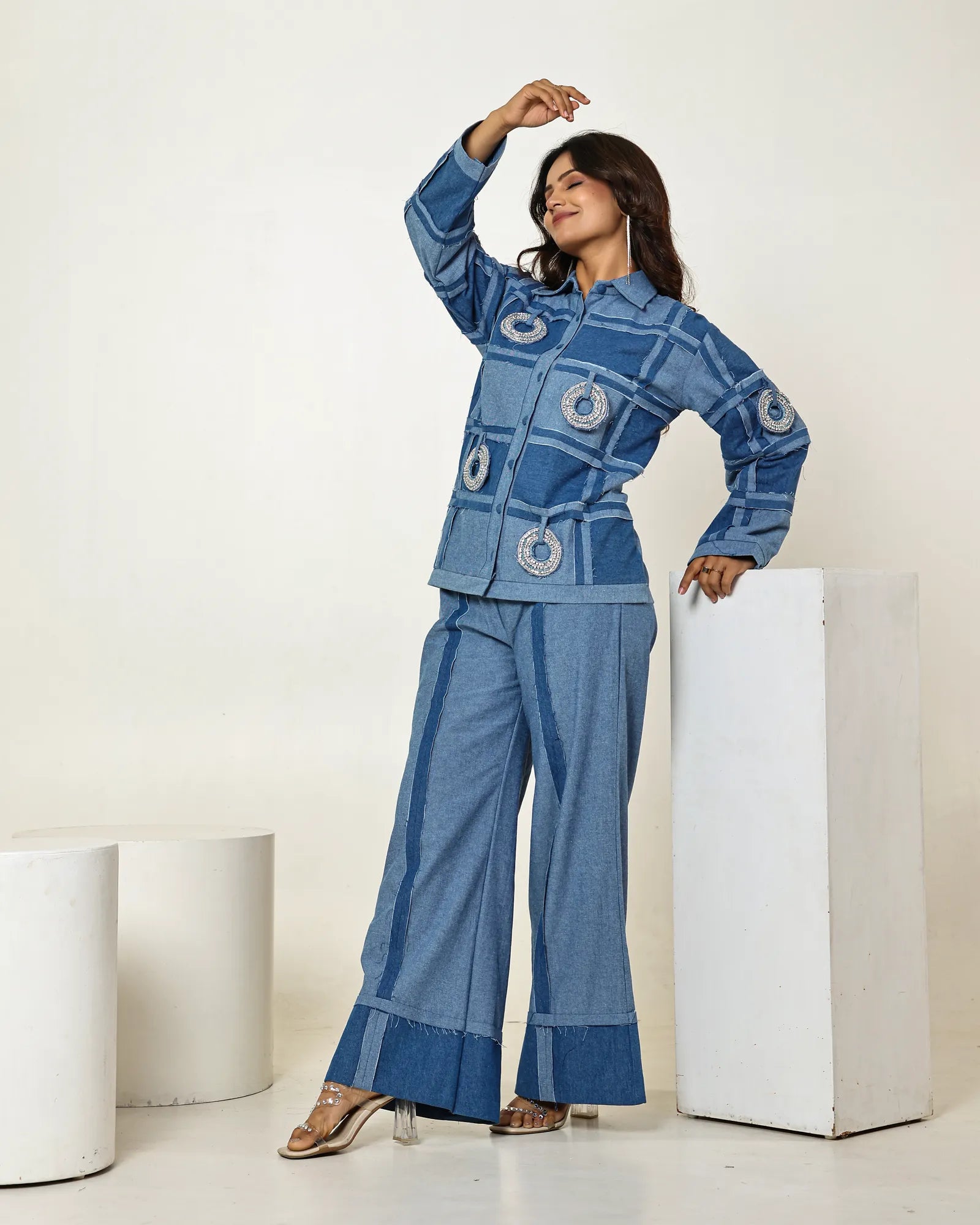 THE DARK DENIM CHECK SEAM SHIRT WITH 3D STONE EMBELLISHED CIRCLES AND HIGH WAISTED PANTS