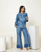 THE DARK DENIM CHECK SEAM SHIRT WITH 3D STONE EMBELLISHED CIRCLES AND HIGH WAISTED PANTS