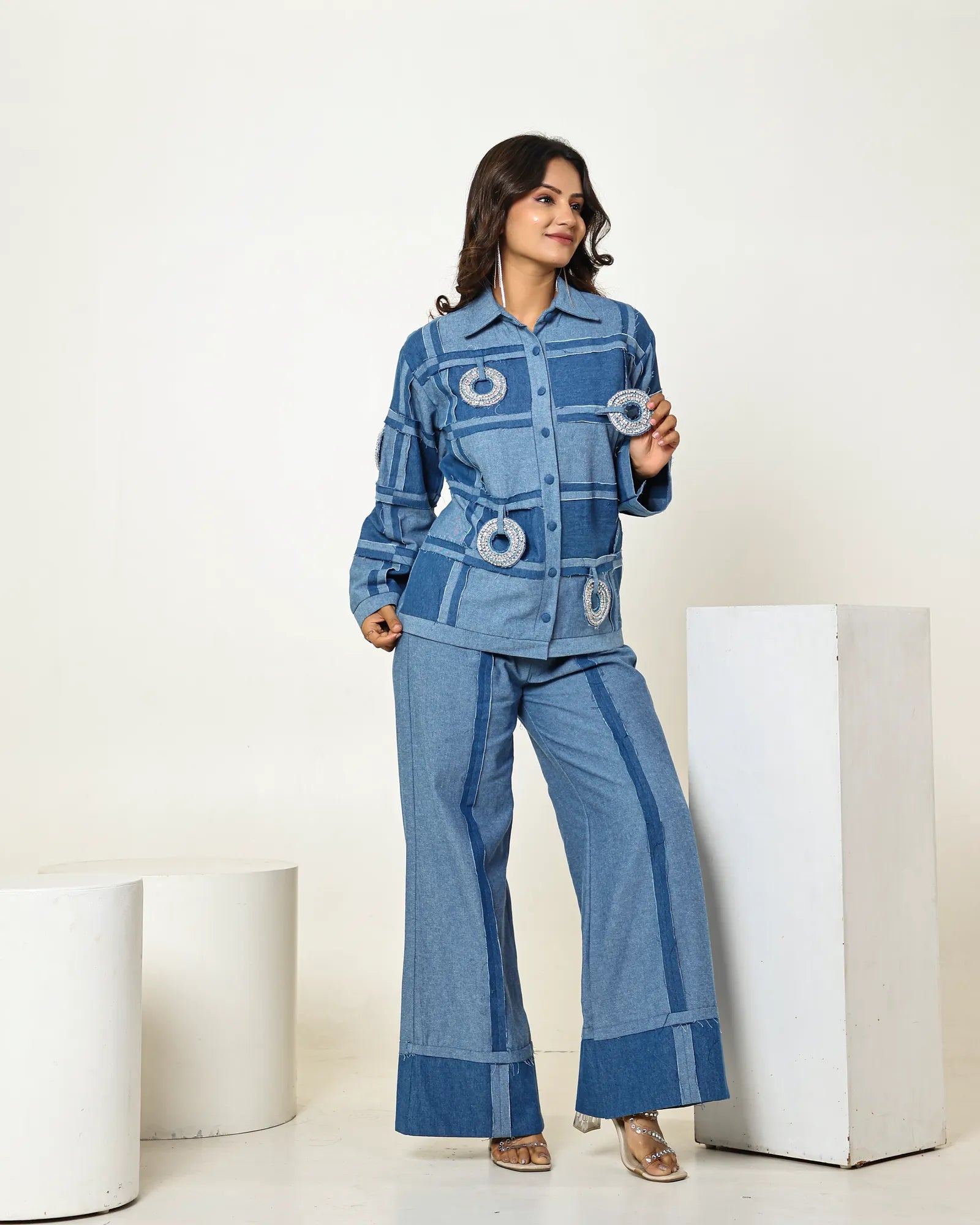 THE DARK DENIM CHECK SEAM SHIRT WITH 3D STONE EMBELLISHED CIRCLES AND HIGH WAISTED PANTS