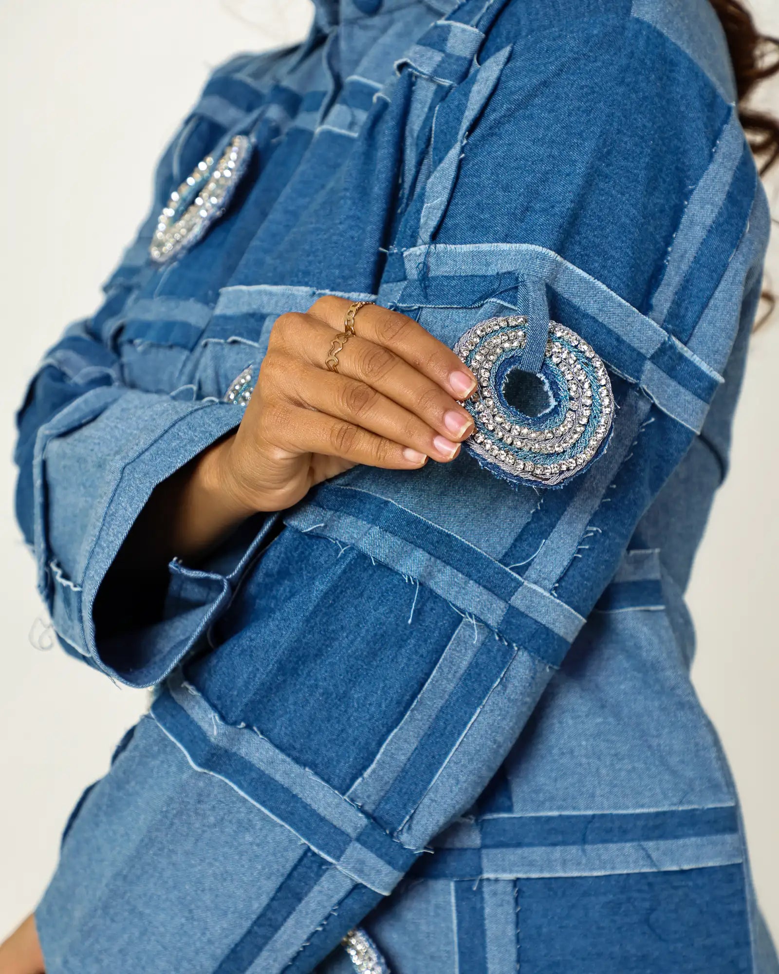 THE DARK DENIM CHECK SEAM SHIRT WITH 3D STONE EMBELLISHED CIRCLES AND HIGH WAISTED PANTS