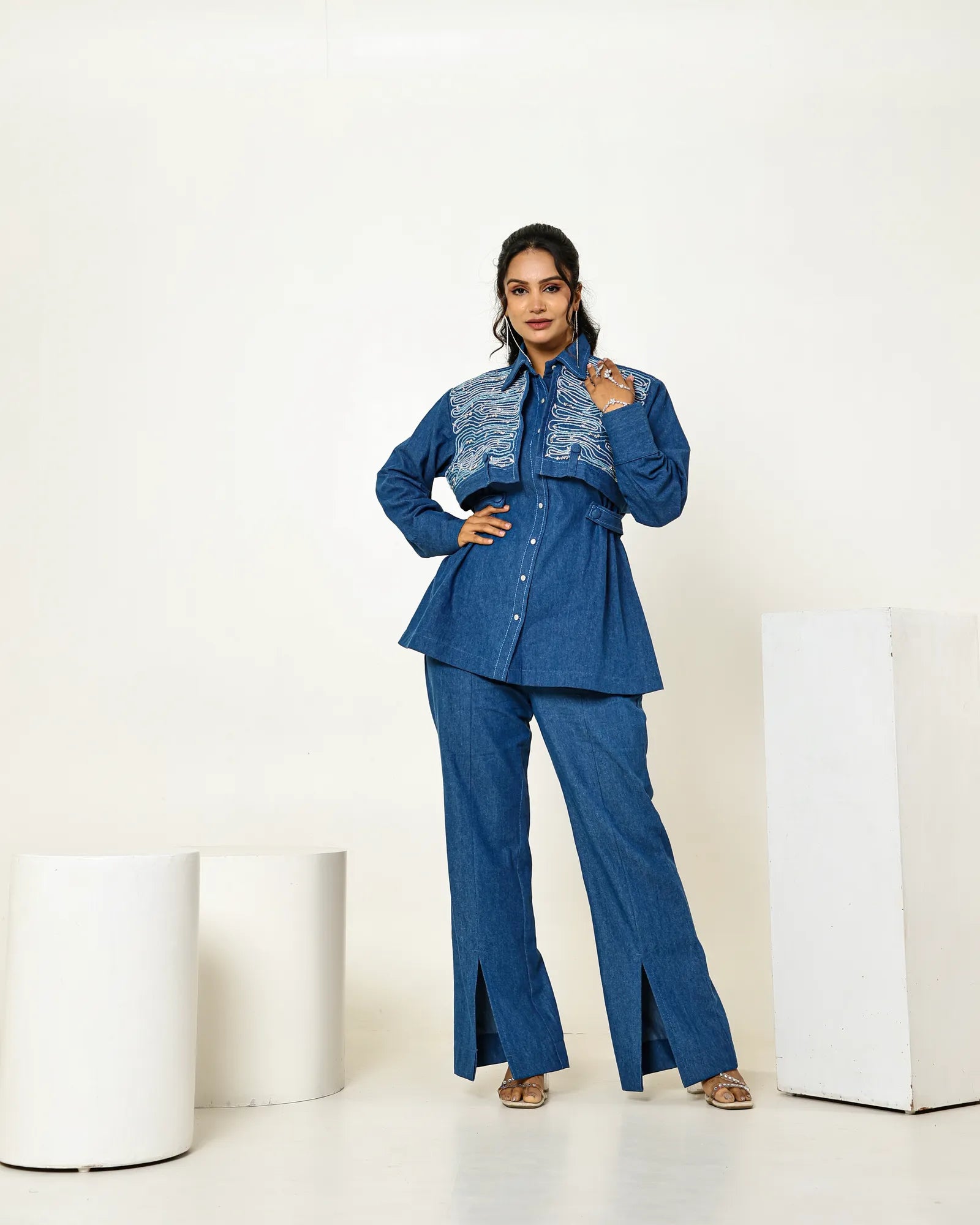 THE DARK DENIM FLAP EMBELLISHED A-LINE SHIRT WITH HIGH WAISTED FRONT SLIT PANTS