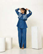 THE DARK DENIM FLAP EMBELLISHED A-LINE SHIRT WITH HIGH WAISTED FRONT SLIT PANTS