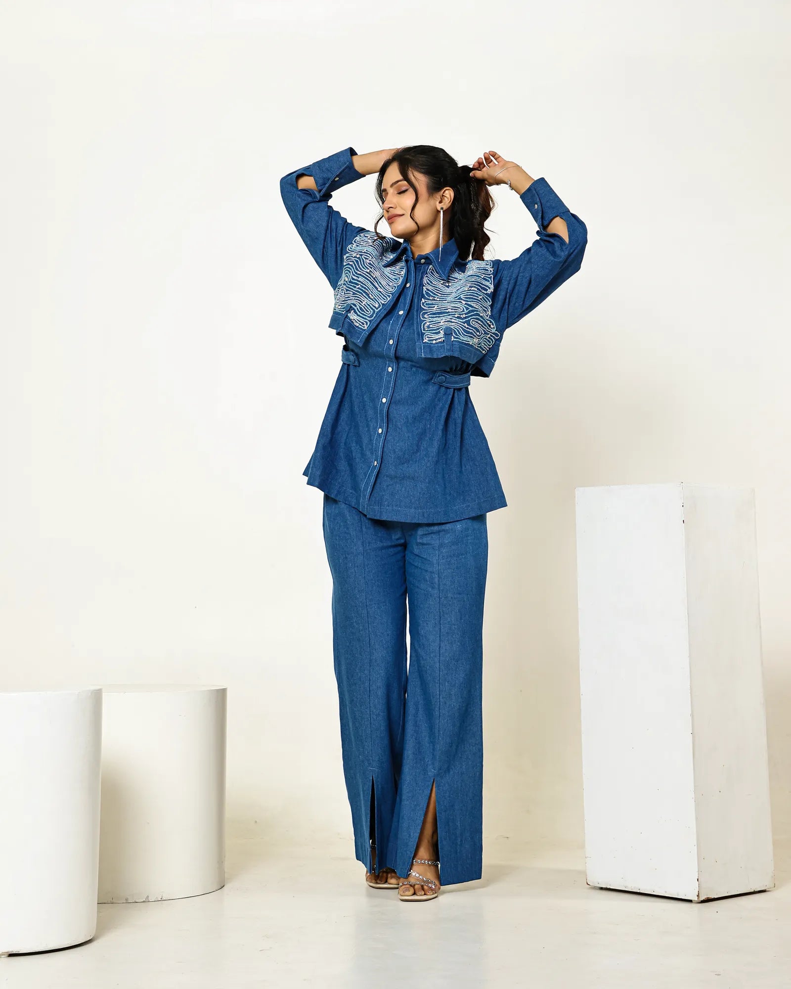 THE DARK DENIM FLAP EMBELLISHED A-LINE SHIRT WITH HIGH WAISTED FRONT SLIT PANTS