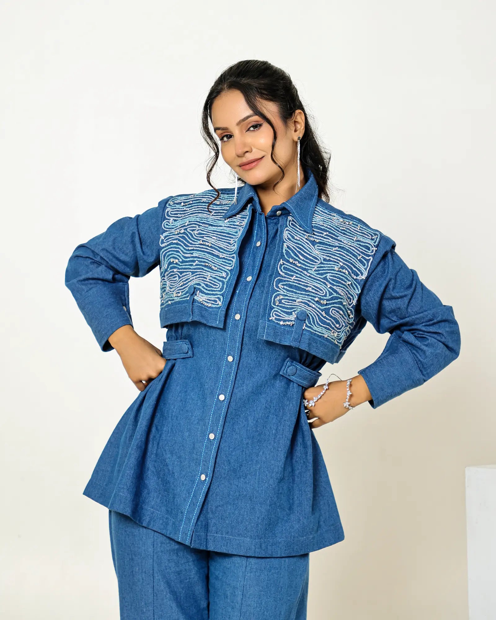 THE DARK DENIM FLAP EMBELLISHED A-LINE SHIRT WITH HIGH WAISTED FRONT SLIT PANTS