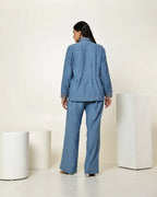 THE VINTAGE DENIM STONE EMBELLISHED WAIST PLEATED SHIRT WITH HIGH WAISTED FLAP PANTS