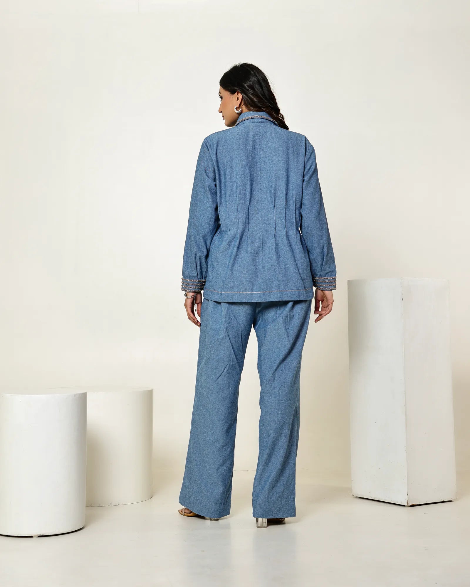 THE VINTAGE DENIM STONE EMBELLISHED WAIST PLEATED SHIRT WITH HIGH WAISTED FLAP PANTS