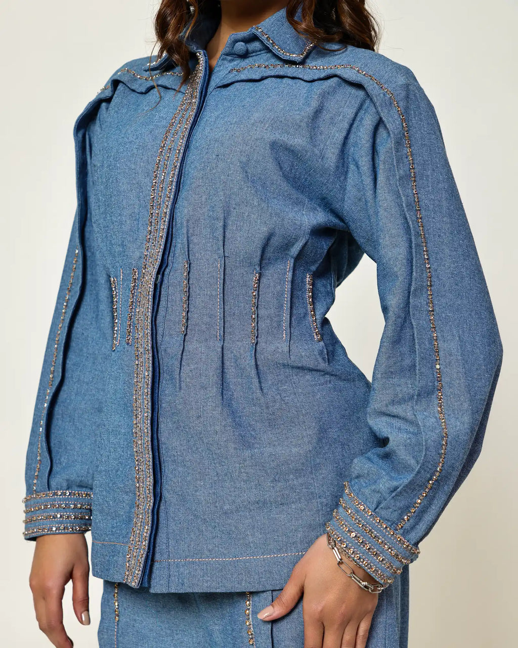 THE VINTAGE DENIM STONE EMBELLISHED WAIST PLEATED SHIRT WITH HIGH WAISTED FLAP PANTS