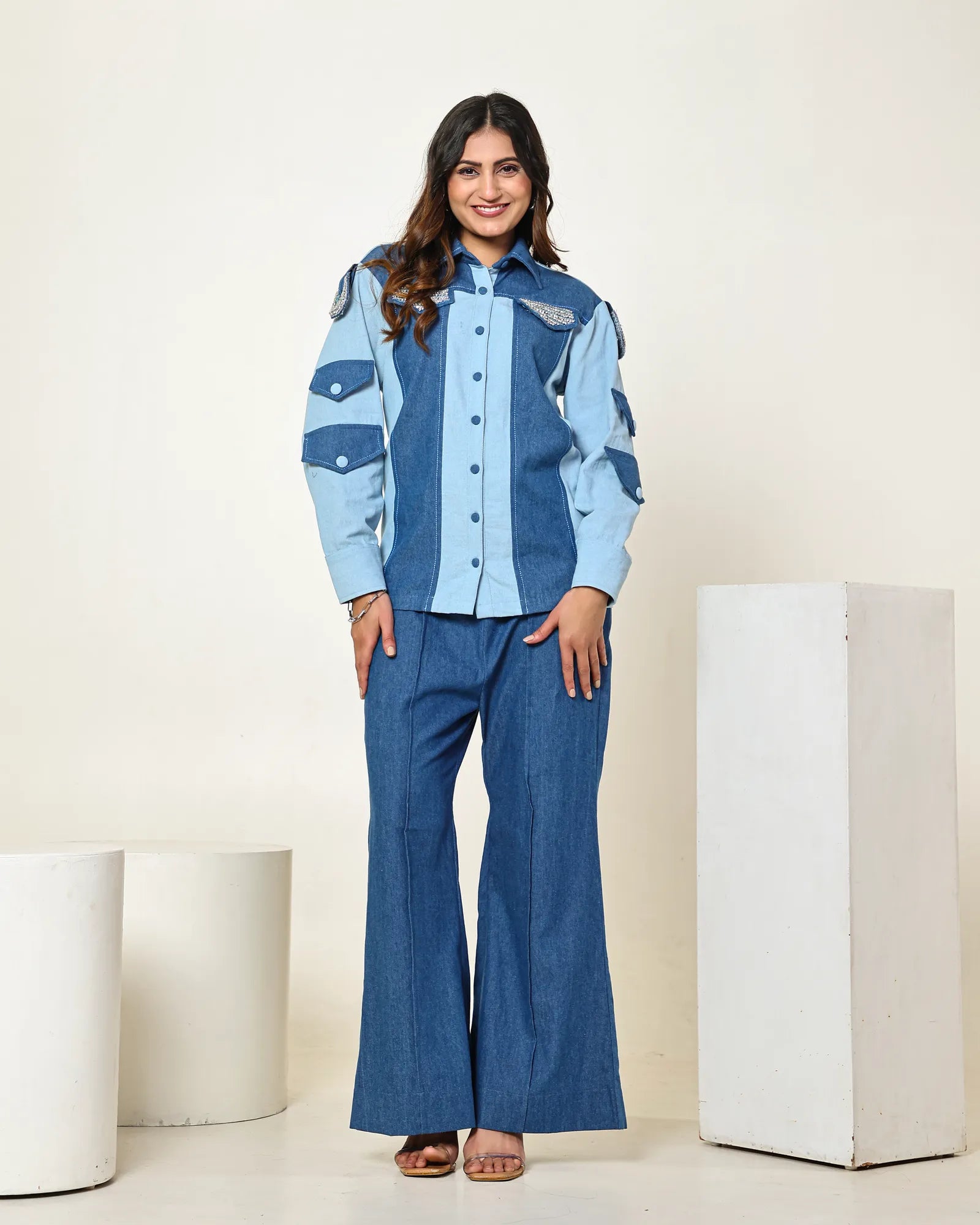 THE DARK AND LIGHT DENIM COLOR BLOCK SHIRT WITH 3D STONE EMBELLISHED CIRCLES AND HIGH WAISTED BELL BOTTOM PANTS
