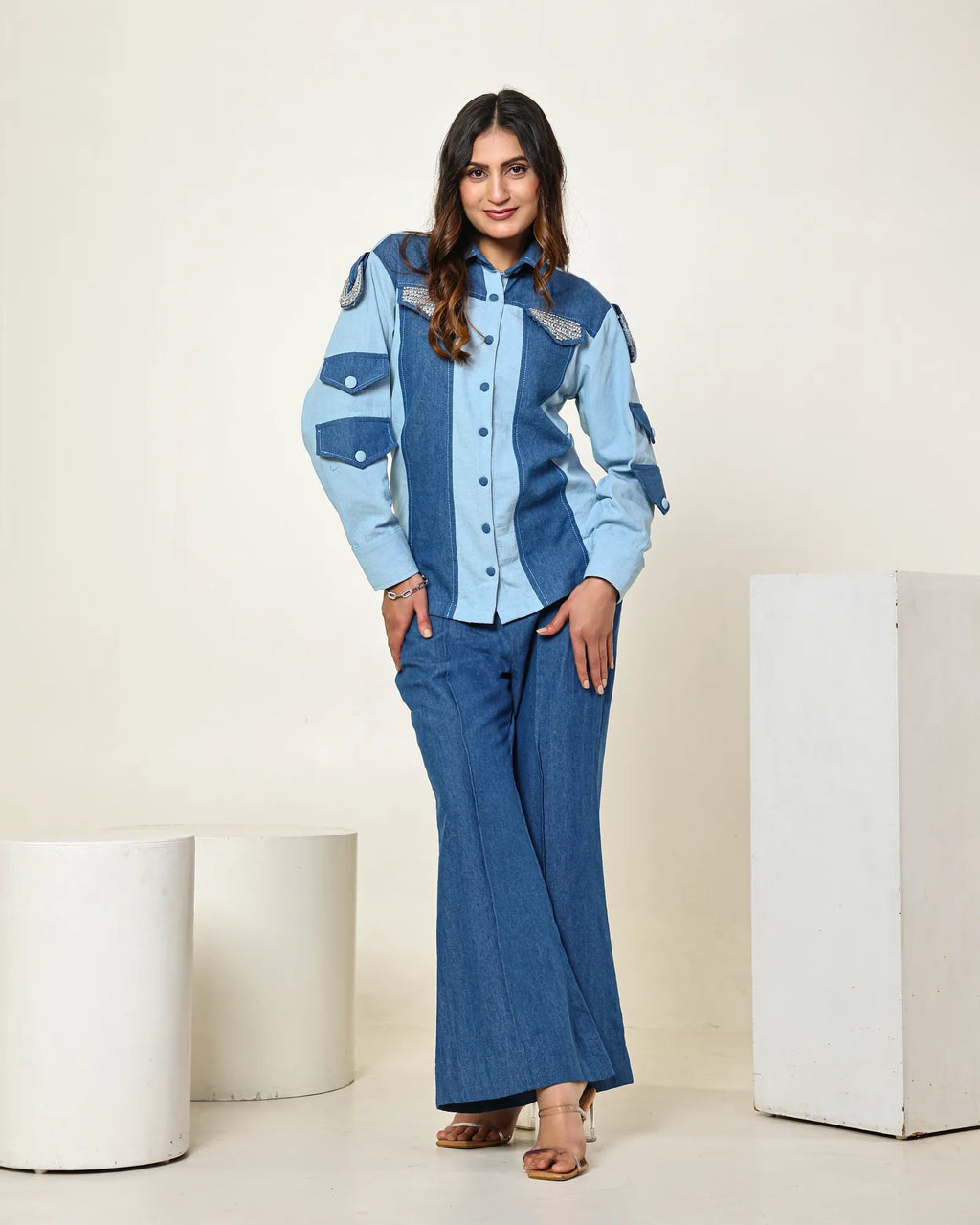 THE DARK AND LIGHT DENIM COLOR BLOCK SHIRT WITH 3D STONE EMBELLISHED CIRCLES AND HIGH WAISTED BELL BOTTOM PANTS