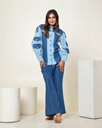THE DARK AND LIGHT DENIM COLOR BLOCK SHIRT WITH 3D STONE EMBELLISHED CIRCLES AND HIGH WAISTED BELL BOTTOM PANTS