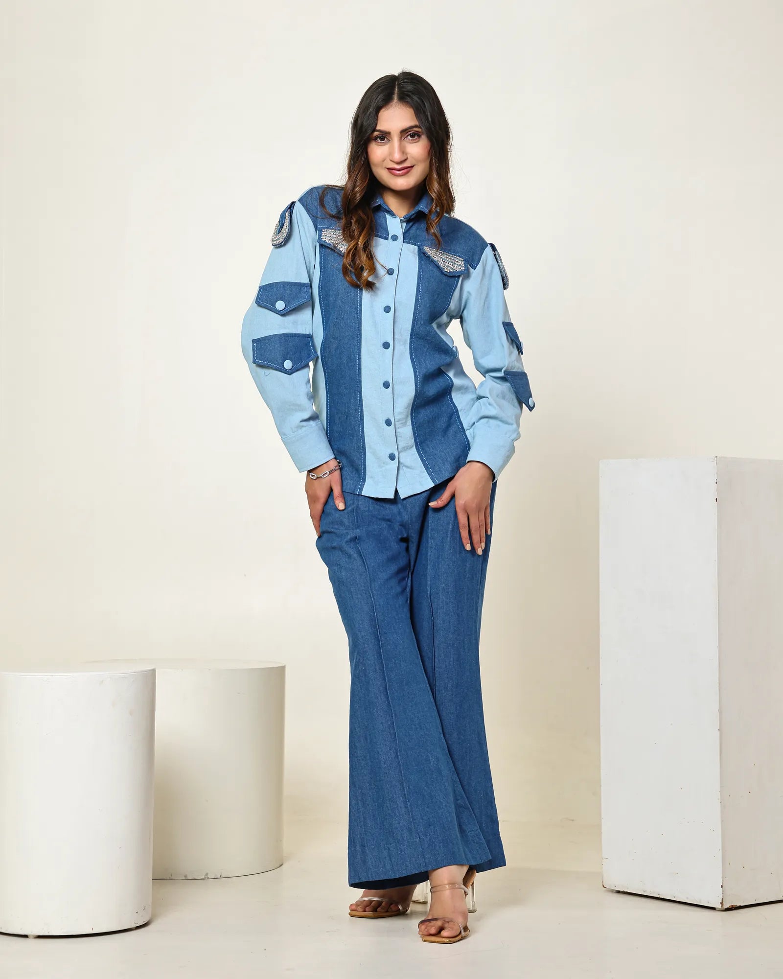 THE DARK AND LIGHT DENIM COLOR BLOCK SHIRT WITH 3D STONE EMBELLISHED CIRCLES AND HIGH WAISTED BELL BOTTOM PANTS
