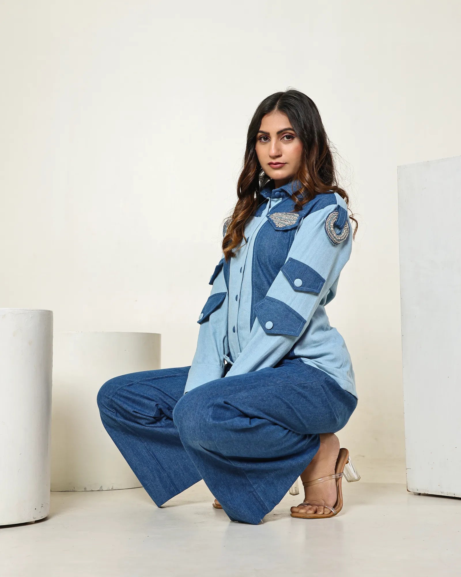 THE DARK AND LIGHT DENIM COLOR BLOCK SHIRT WITH 3D STONE EMBELLISHED CIRCLES AND HIGH WAISTED BELL BOTTOM PANTS