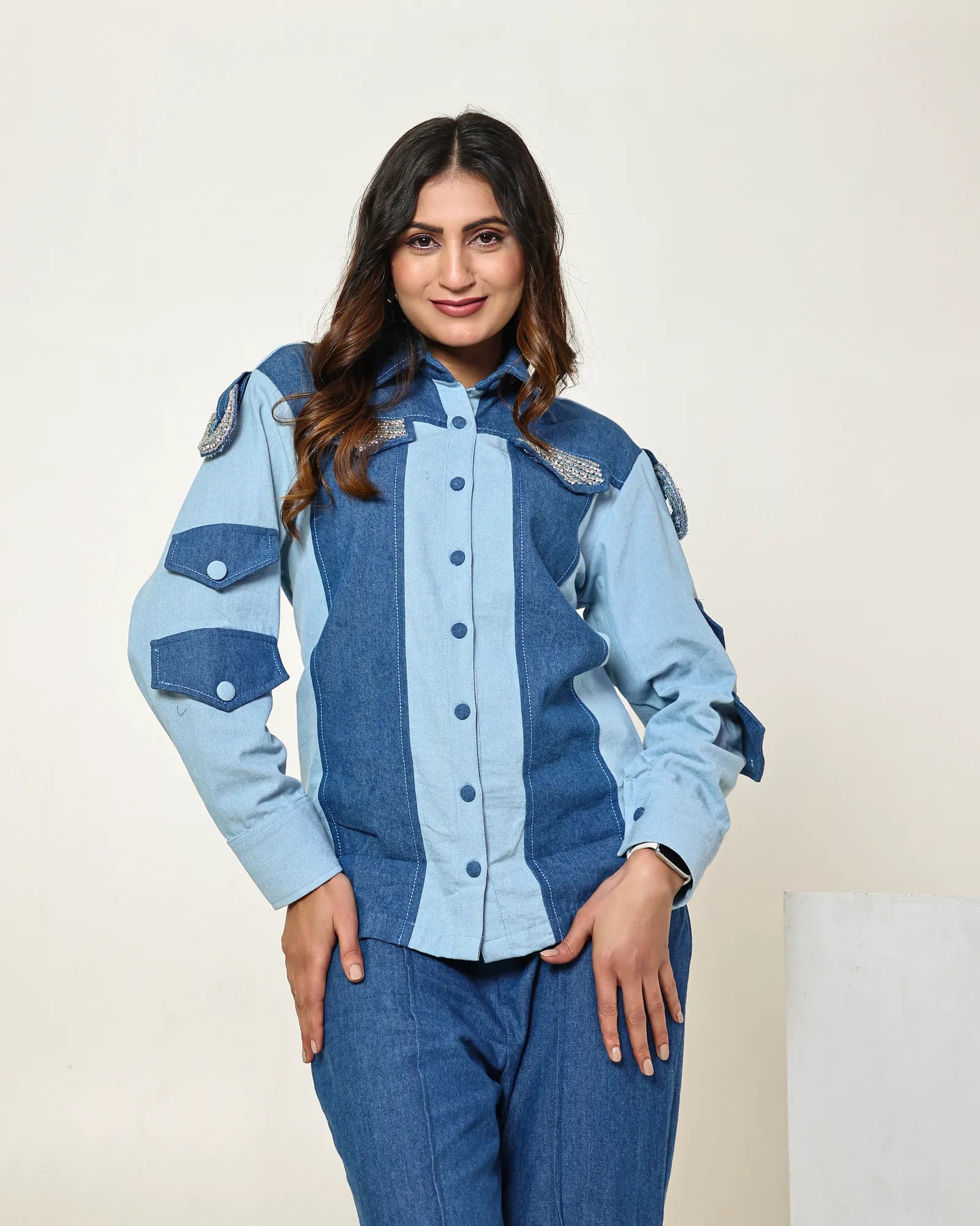 THE DARK AND LIGHT DENIM COLOR BLOCK SHIRT WITH 3D STONE EMBELLISHED CIRCLES AND HIGH WAISTED BELL BOTTOM PANTS