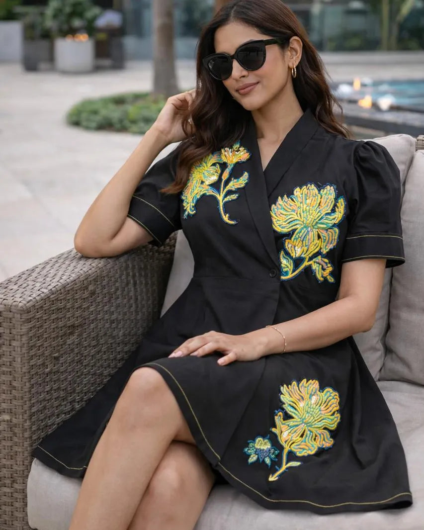 Black Embroidery flower print Dress