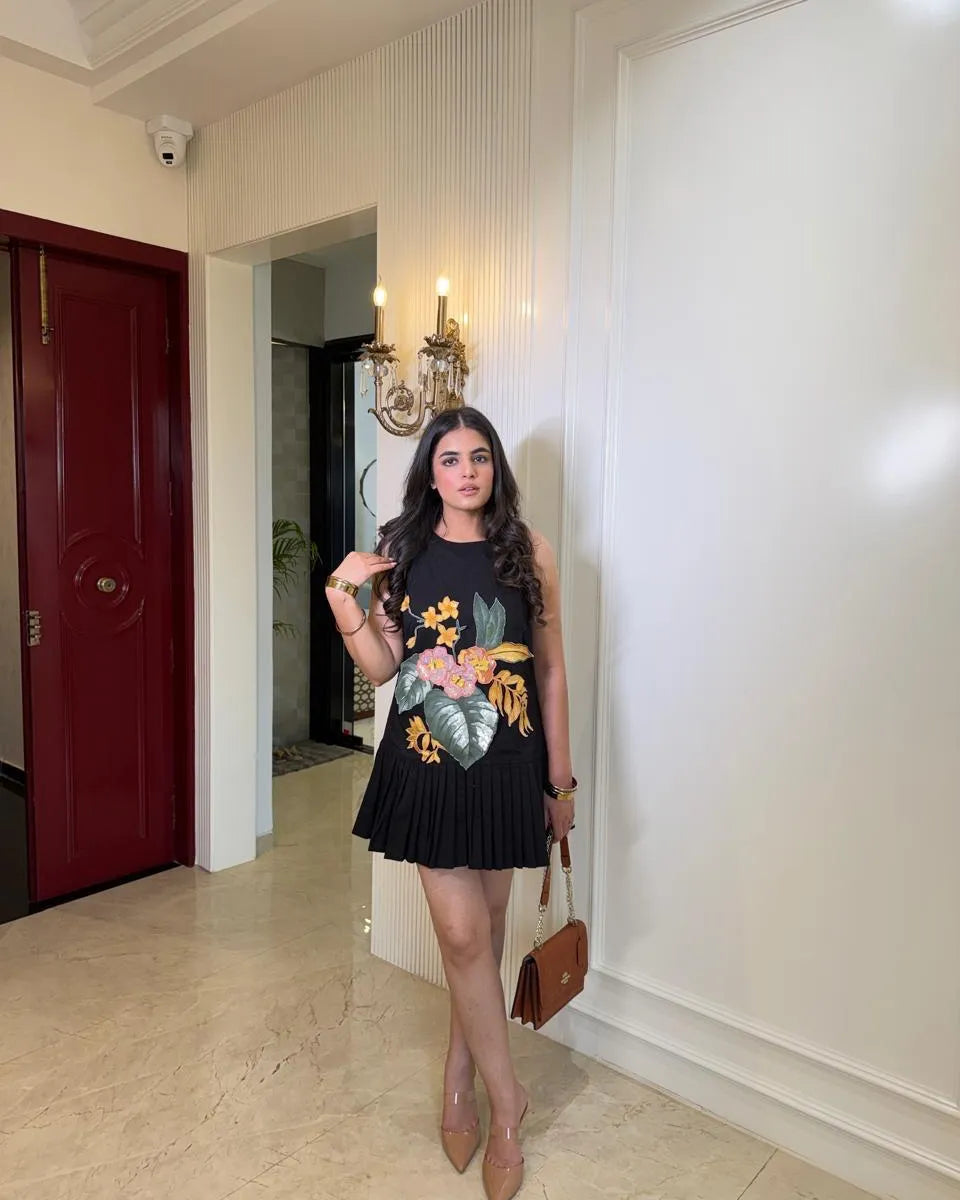 Black Hand Painted Flower Mini Dress