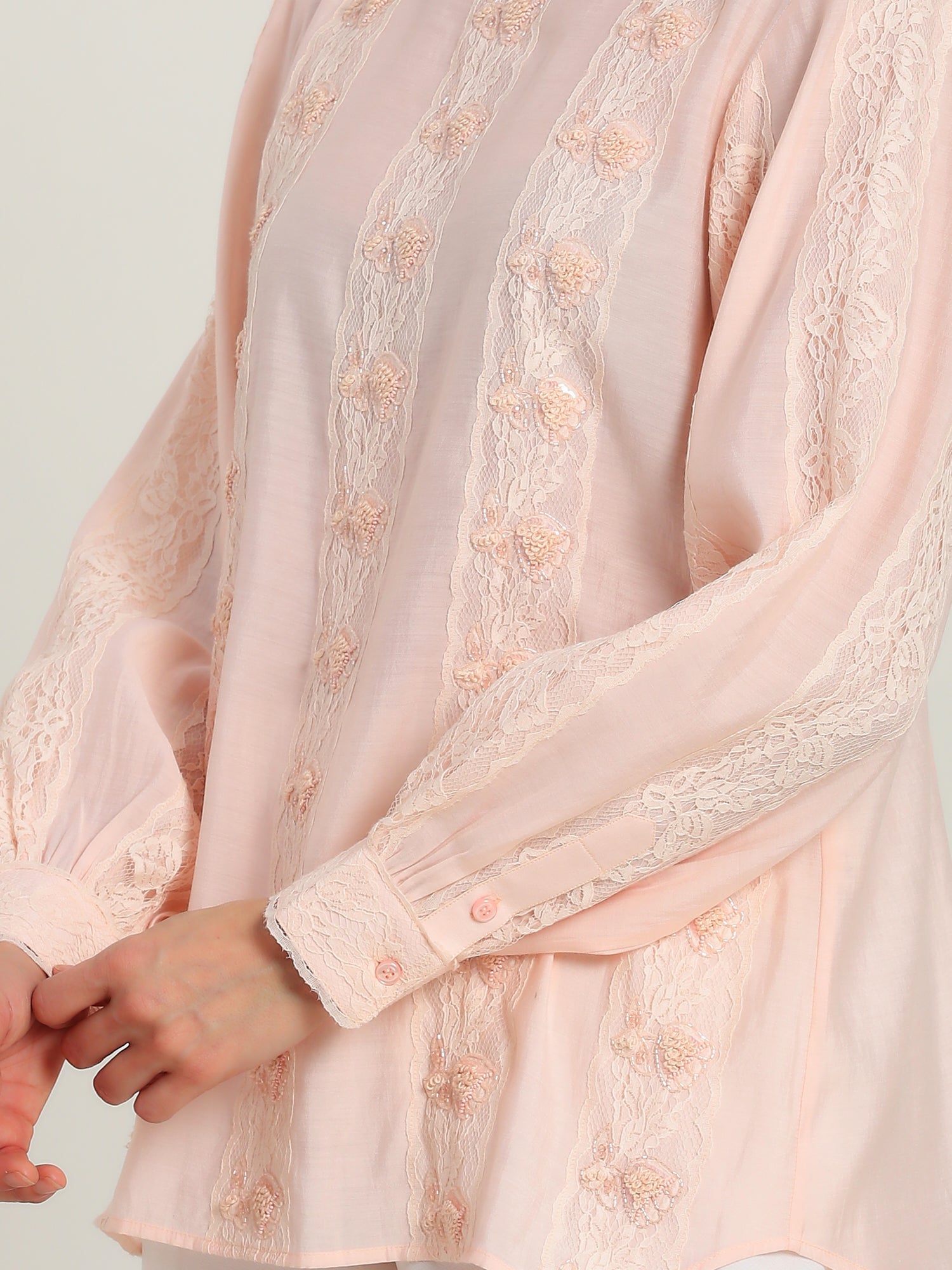 Elan Pink  Hand Embroidered French Lace Silk Cotton Shirt