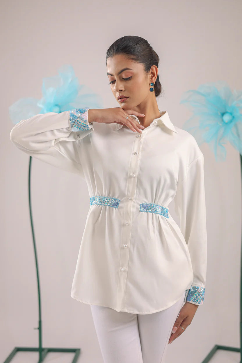 THE WHITE GATHERED CRAPE SHIRT WITH SKY BLUE EMBELLISHMENT