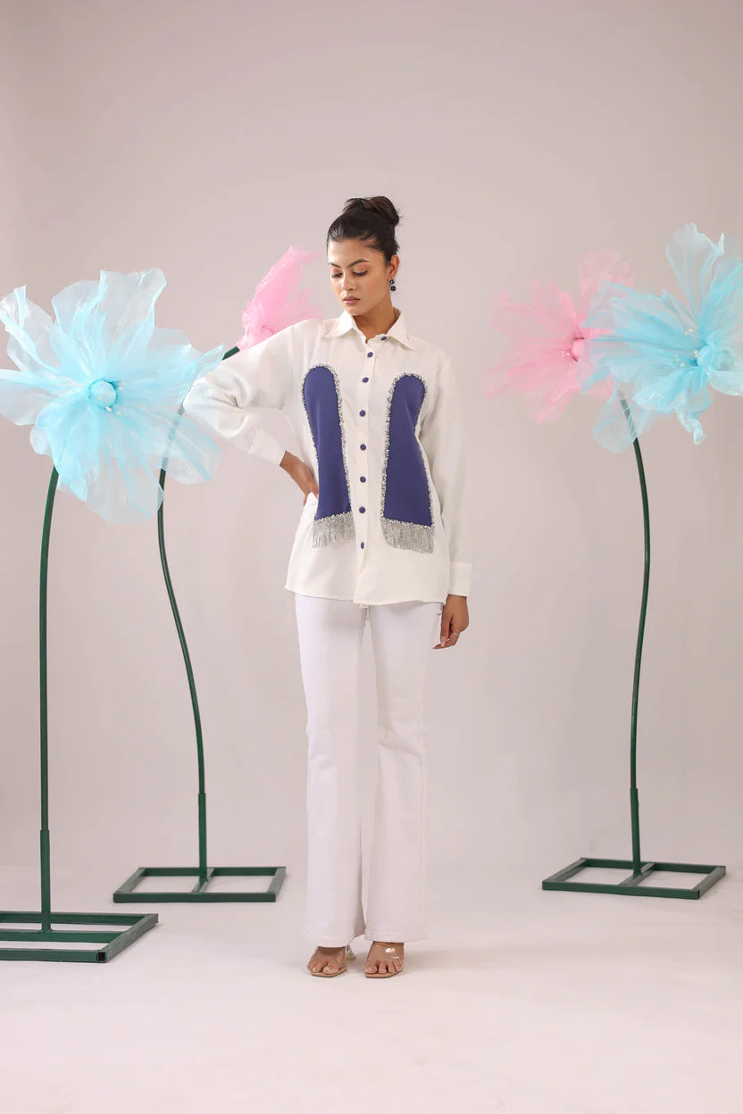 THE WHITE AND PRUPLE STONE TASSEL CRAPE SHIRT