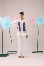 THE WHITE AND PRUPLE STONE TASSEL CRAPE SHIRT