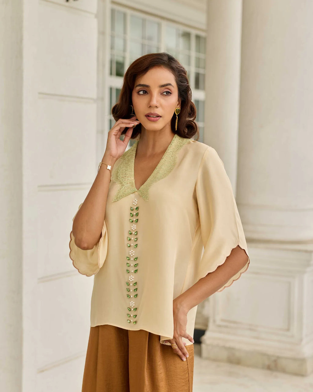 Celestial Echo Soft Beige Hand Embroidered French Lace Habotai Silk Top