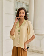 Celestial Echo Soft Beige Hand Embroidered French Lace Habotai Silk Top