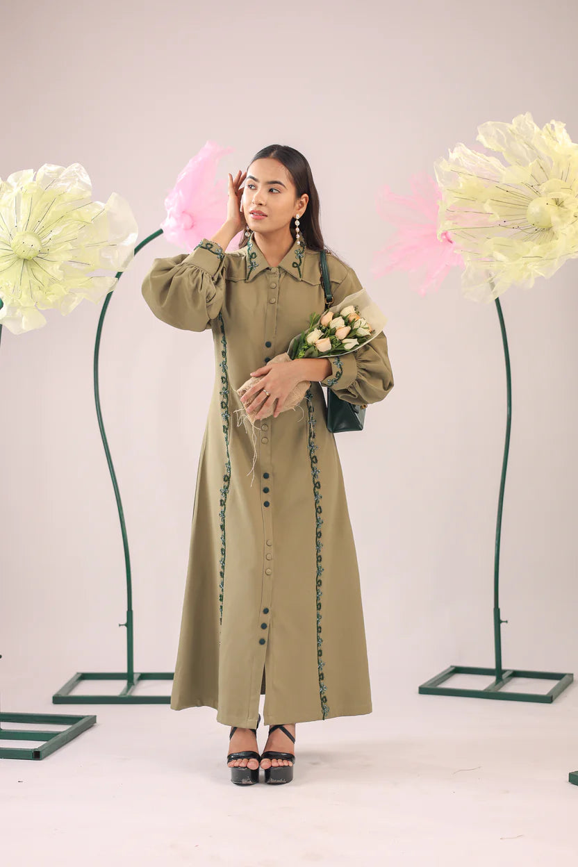 The olive green embellished A-line midi dress