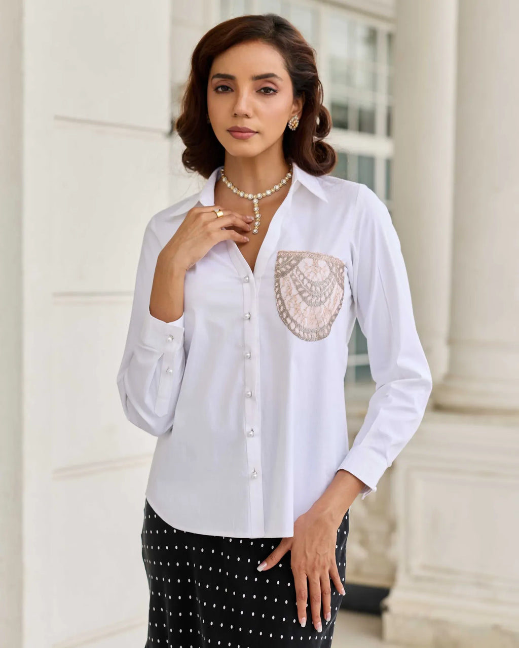 Pocketed Aura Classic White French Lace Cotton Shirt