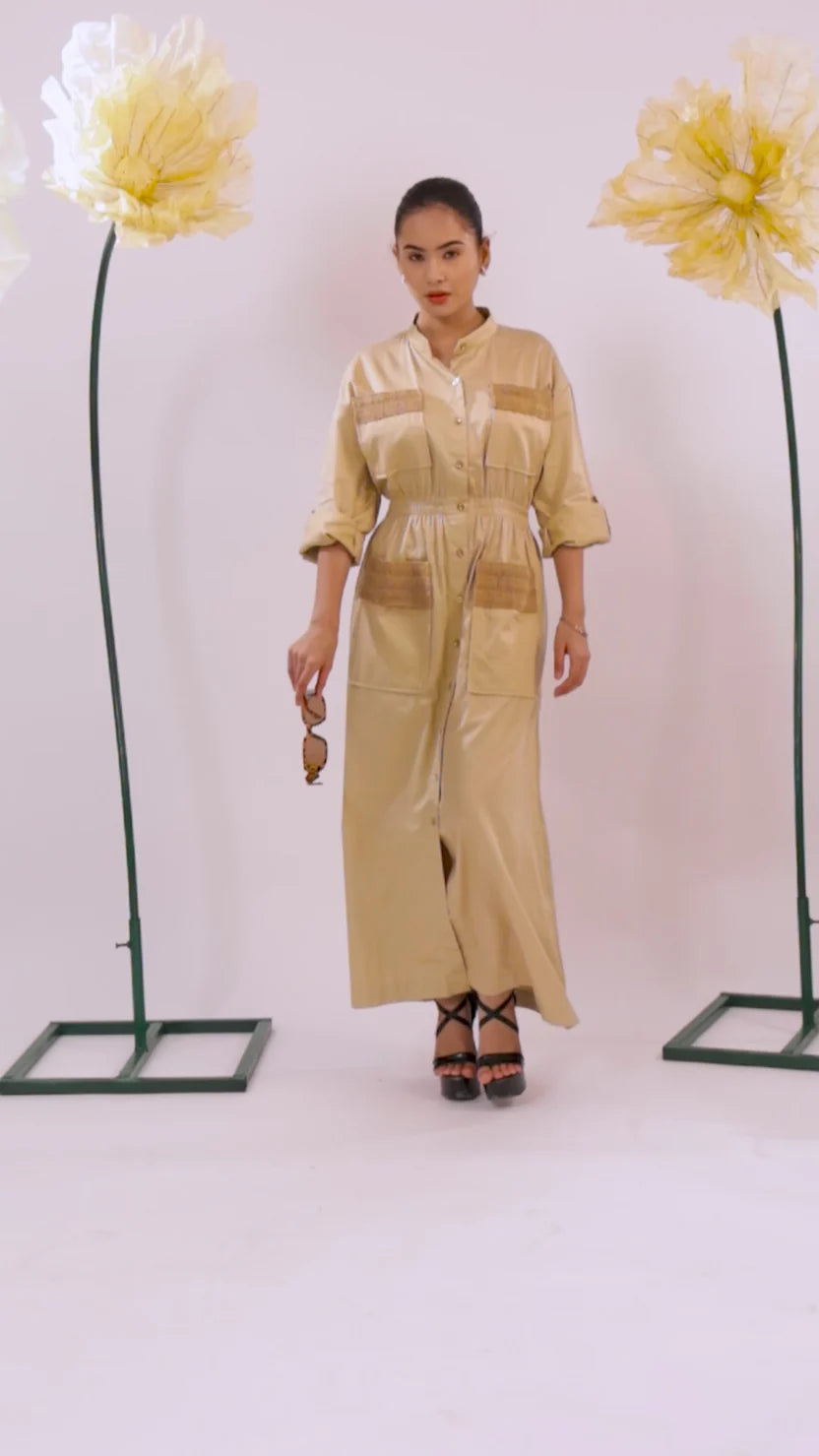The brown beige midi cotton dress with pockets - BeyondStiches
