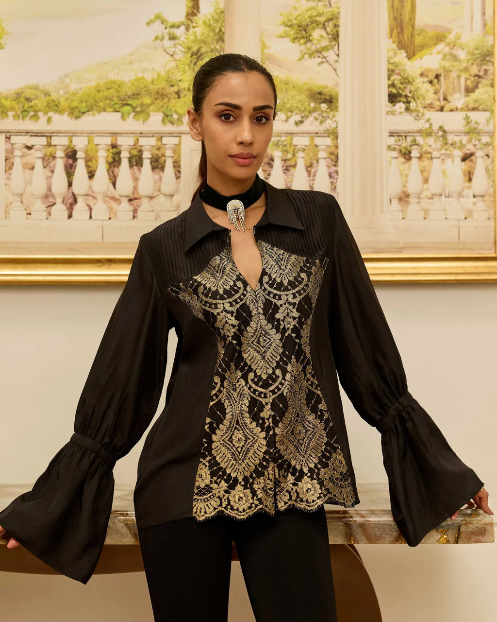 Gilded Legacy Black Habotai Silk Shirt with French Lace Panels