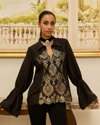 Gilded Legacy Black Habotai Silk Shirt with French Lace Panels