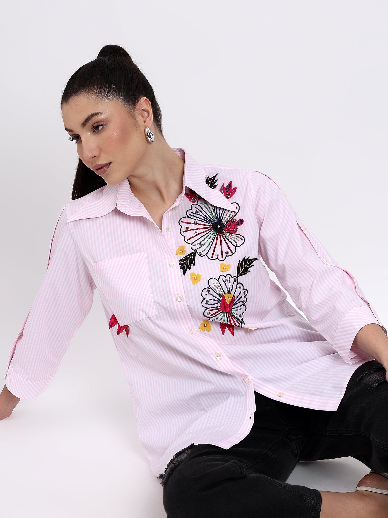 Baby pink stripes embroidered shirt - Gagan Vohra