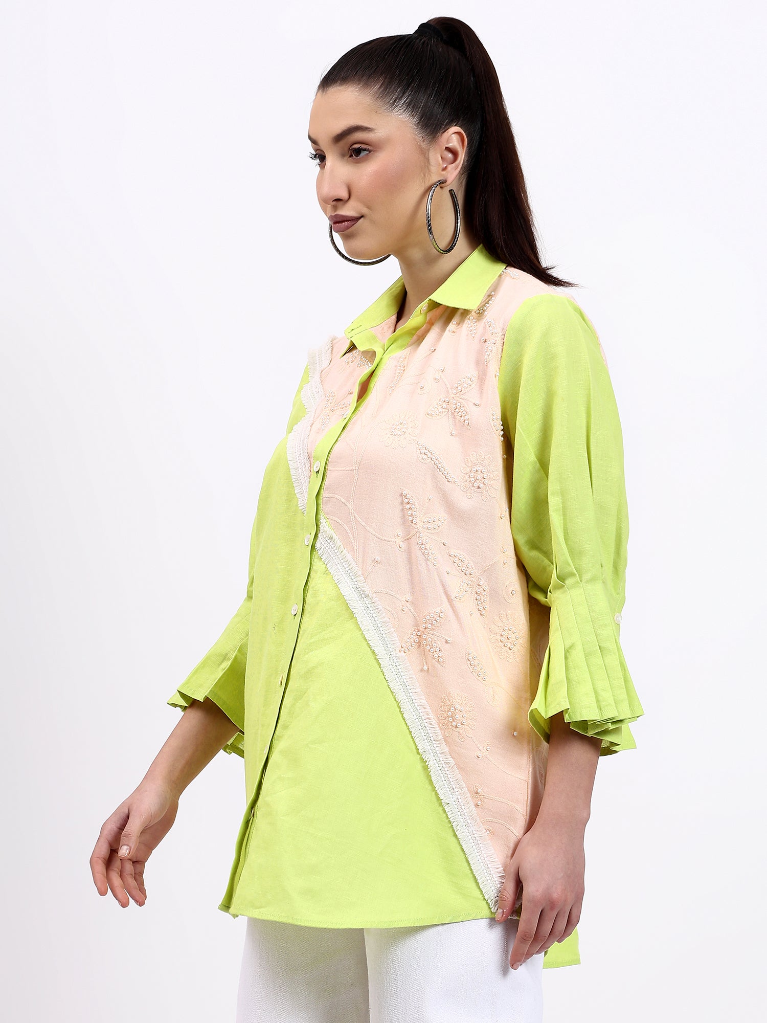 Green and Peach Lace detailing shirt with pearl touch - Gagan Vohra